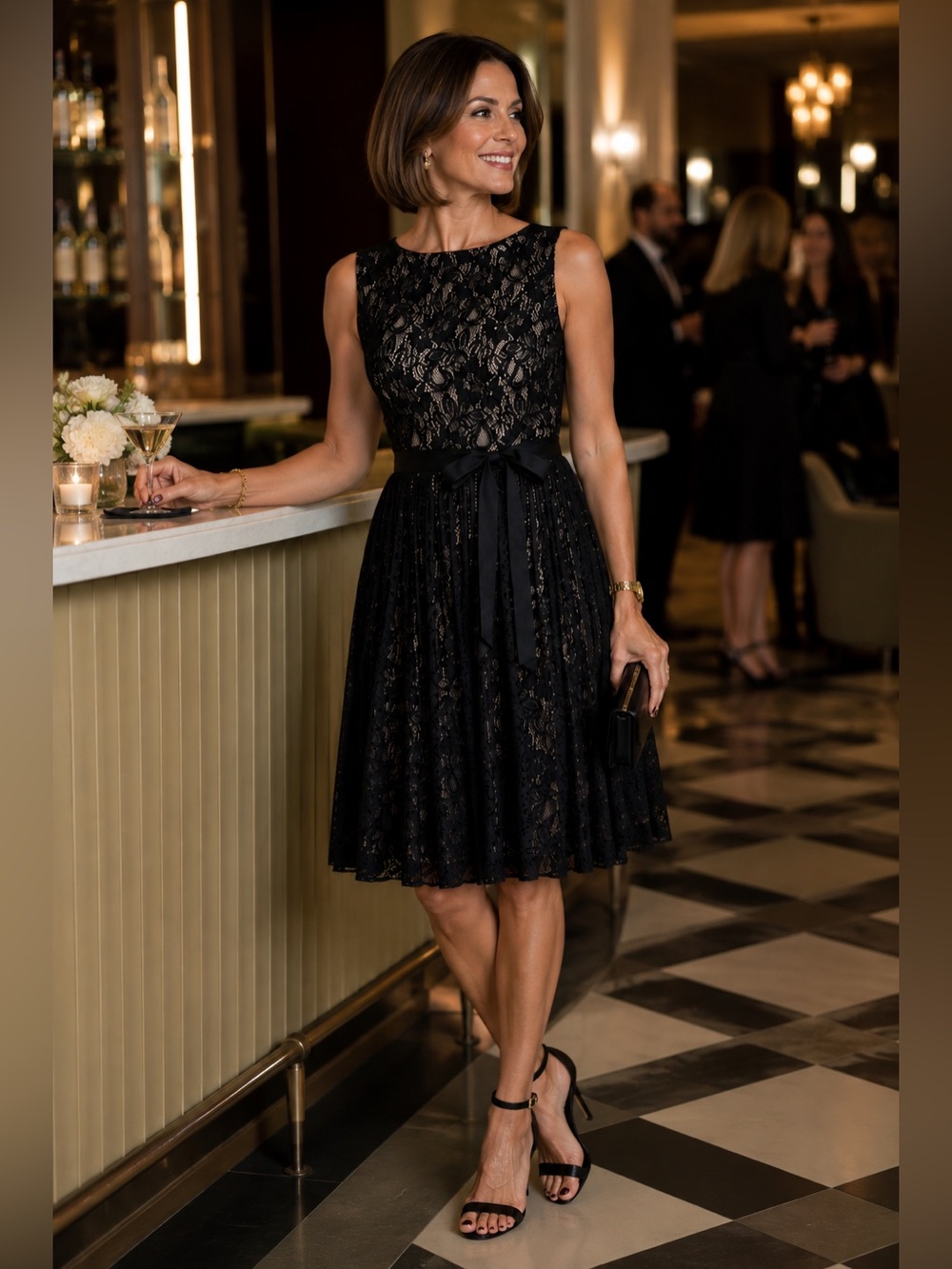 Adrianna Papell Black Lace Fit & Flare Dress Size 10 LBD Timeless Ladylike